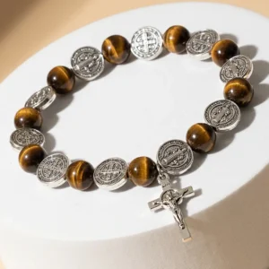 RÓŻANIEC-NA-RĘKĘ-BRANSOLETKA-Z-KRZYŻYKIEM-ŚW.-BENEDYKT-MĘSKI-TYGRYSIE-OKO