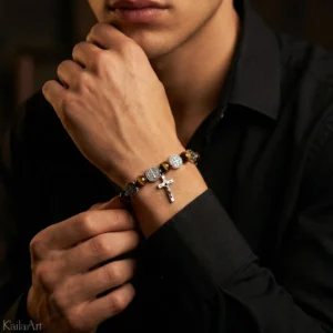 RÓŻANIEC-NA-RĘKĘ-BRANSOLETKA-Z-KRZYŻYKIEM-ŚW.-BENEDYKT-MĘSKI-TYGRYSIE-OKO