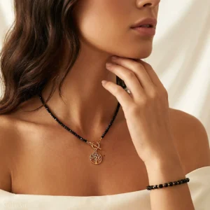 Zestaw złotej biżuterii czarny turmalin bransoletka naszyjnik