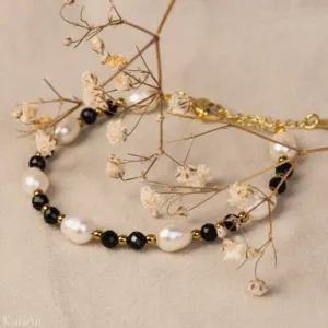 Bransoletka Czarny Turmalin Perła Złota Stal Chirurgiczna