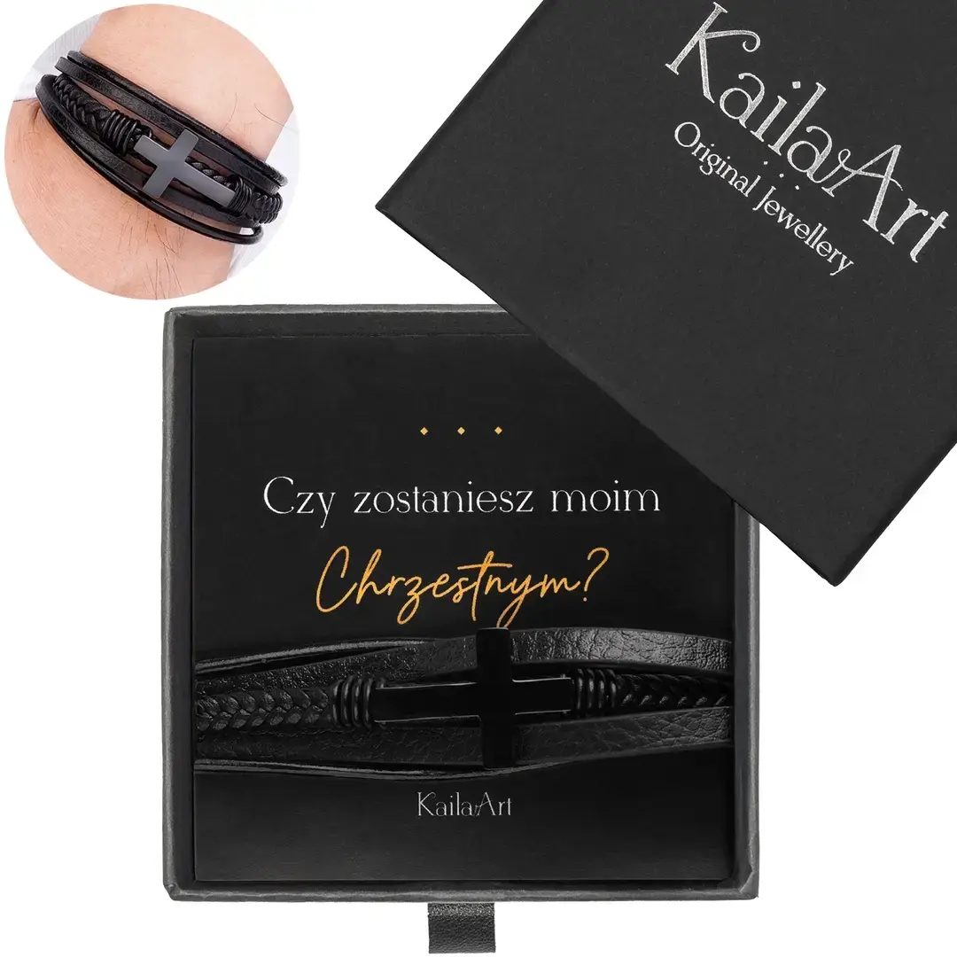 bransoletka-dla-chrzestnego-czarna-skórzana-krzyż-stal-chirurgiczna