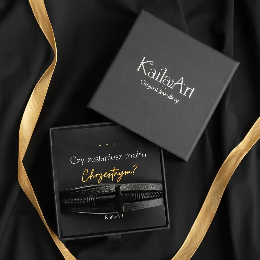 bransoletka-dla-chrzestnego-czarna-skórzana-krzyż-stal-chirurgiczna