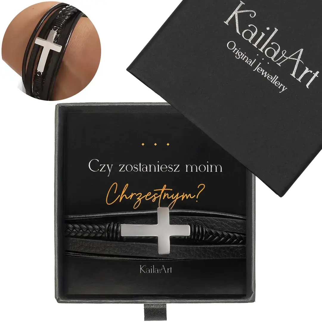 podziękowanie-dla-chrzestnego-bransoletka-skórzana-z-krzyżem