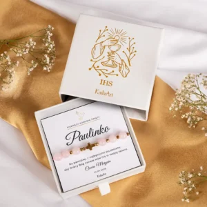 Różaniec komunijny bransoletka na komunię złota kwarc różowy